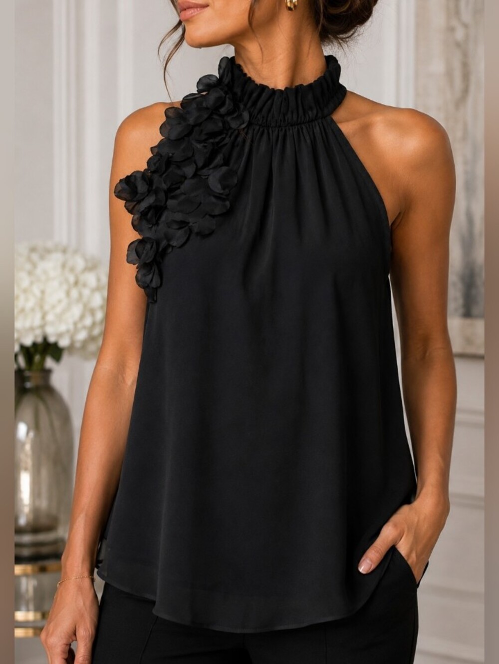 Soulmates High Neck Chiffon Overlay Top with Cascading Pedals